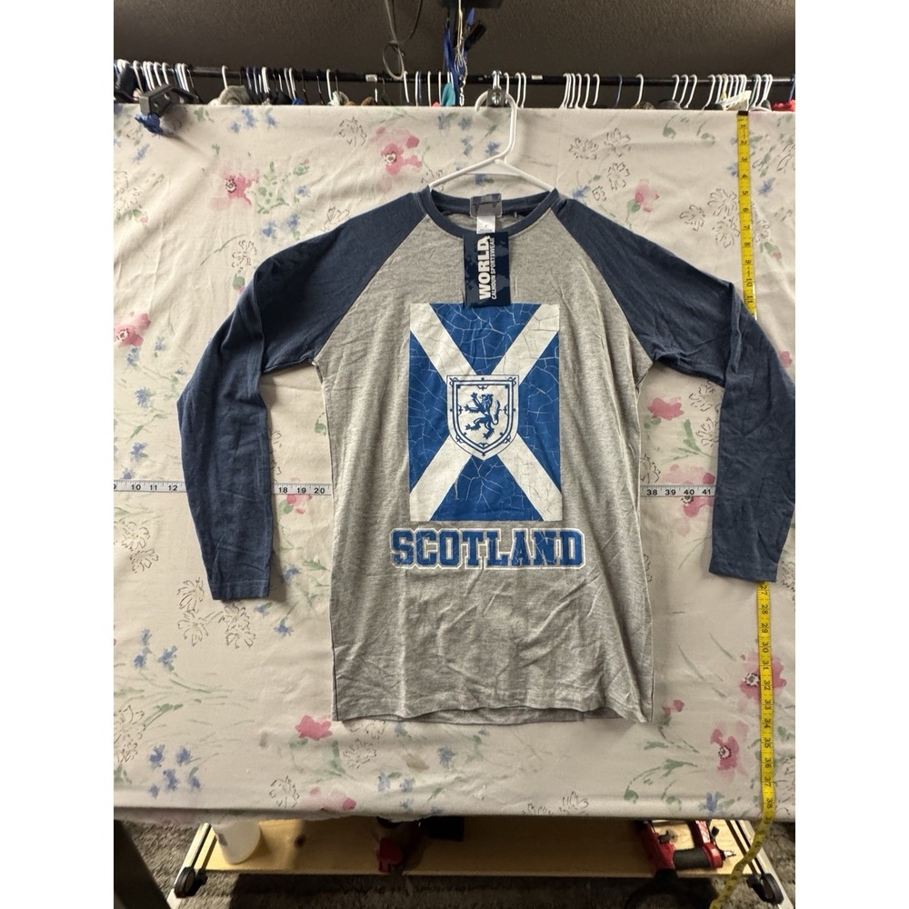 Scotland Flag Baseball Tee Mens Small Blue Gray Raglan Long Sleeve Shirt
